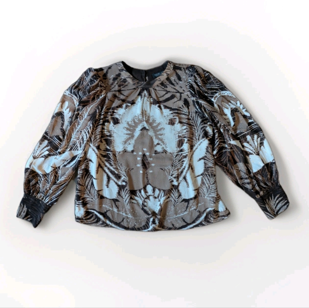 Rachel Zoe Womens Boho Artsy Blouse Size XL Brown Metallic Gold Chic Sheer